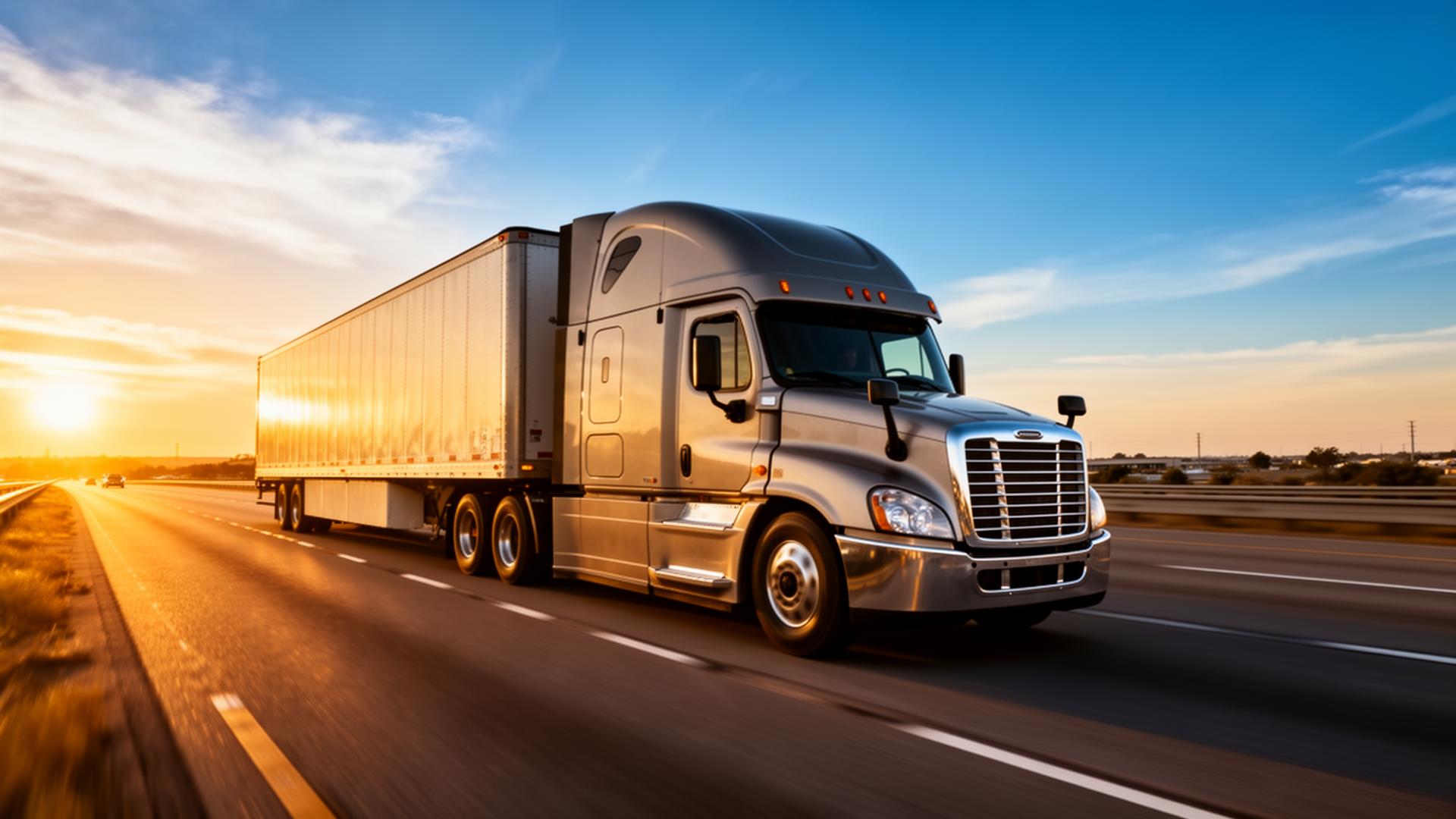 Semi truck on open highway at sunset